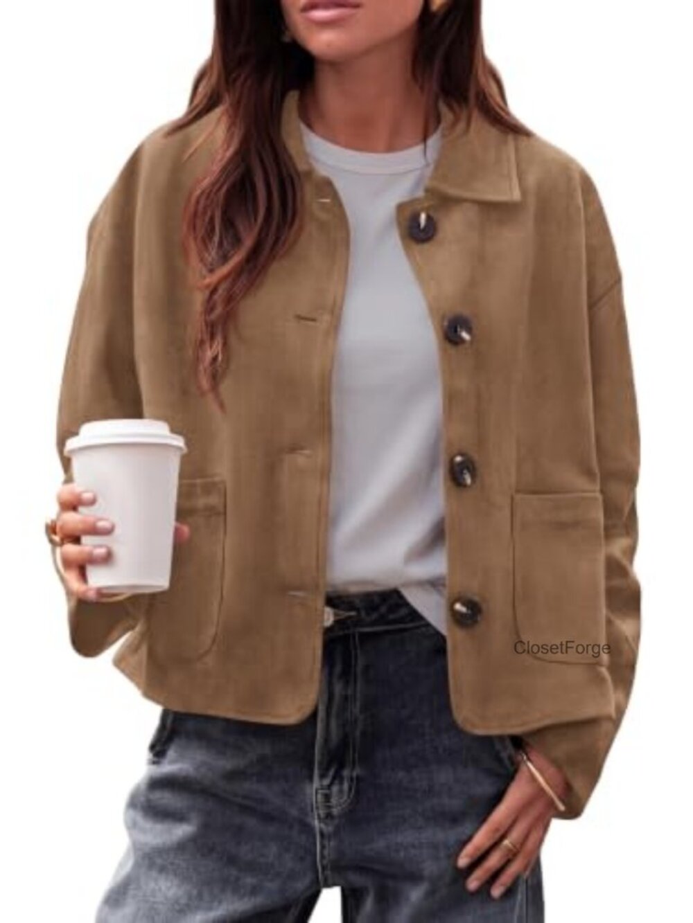 Faux Suede Cropped Button Front Casual Jacket - Women's Trendy Fall Outerwear